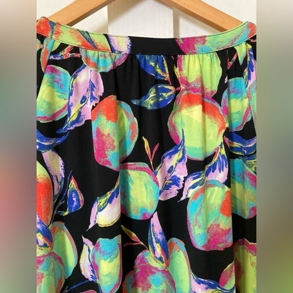 PAPPAGALLO popover blouse multicolored bright fruit print tassels tie front - Picture 8 of 11